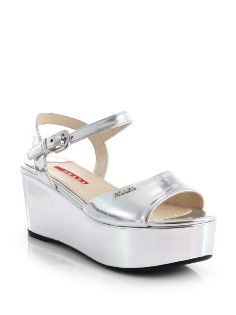 silver metal prada wedges|prada shoes for women.